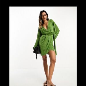 ASOS long sleeve mini Green Wrap Dress, Slinky and Comfy